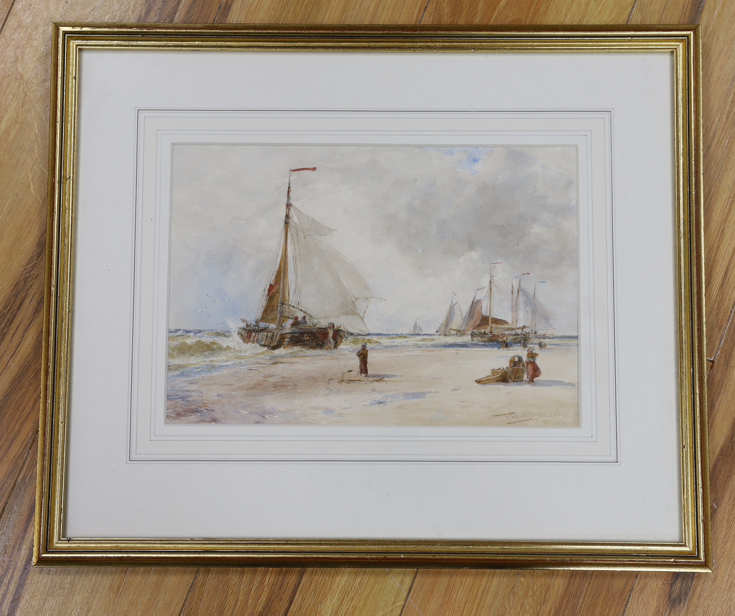 Thomas Bush Hardy (1842-1897) watercolour, coastal landscape with boats and fishermen, signed, 32cm x 22cm